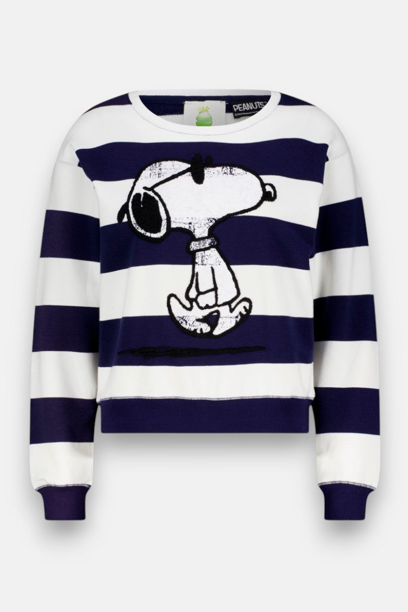Ein Sweatshirt von Princess Goes Hollywood aus Baumwollmix mit navy-weißen Streifen und Snoopy-Print, der die beliebte Peanuts-Figur beim Spaziergang zeigt. Crew-Ausschnitt sowie gerippte Bündchen und Saum vollenden das Design.