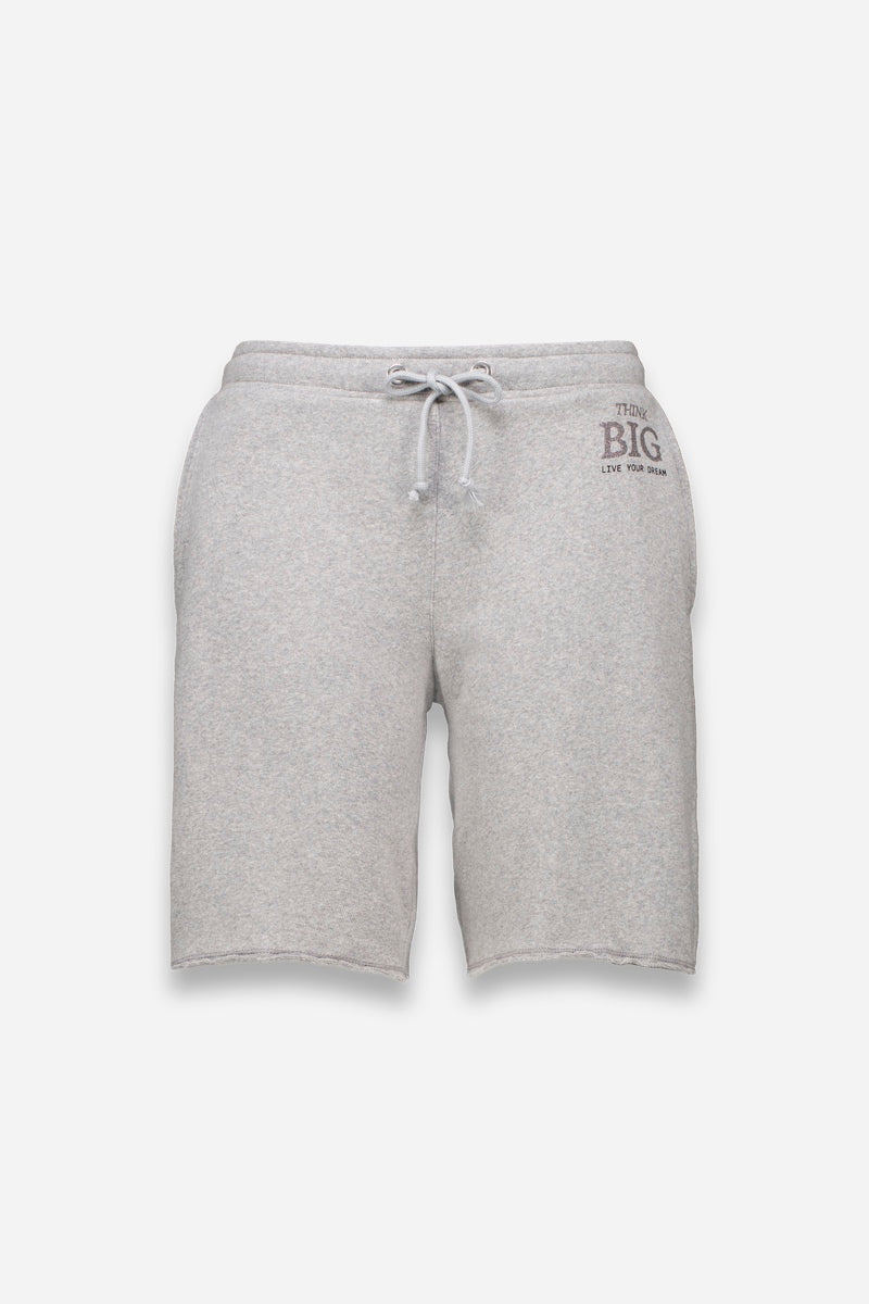 Hellgraue Sweat-Bermudashorts von Princess Goes Hollywood, 100% Baumwolle mit elastischem Bund und Kordelzug. Seitentaschen, kleiner "THINK BIG LIVE THE DREAM" Print auf der linken Seite, leicht ausgefranster Saum. Abgebildet vor einem weißen Hintergrund.