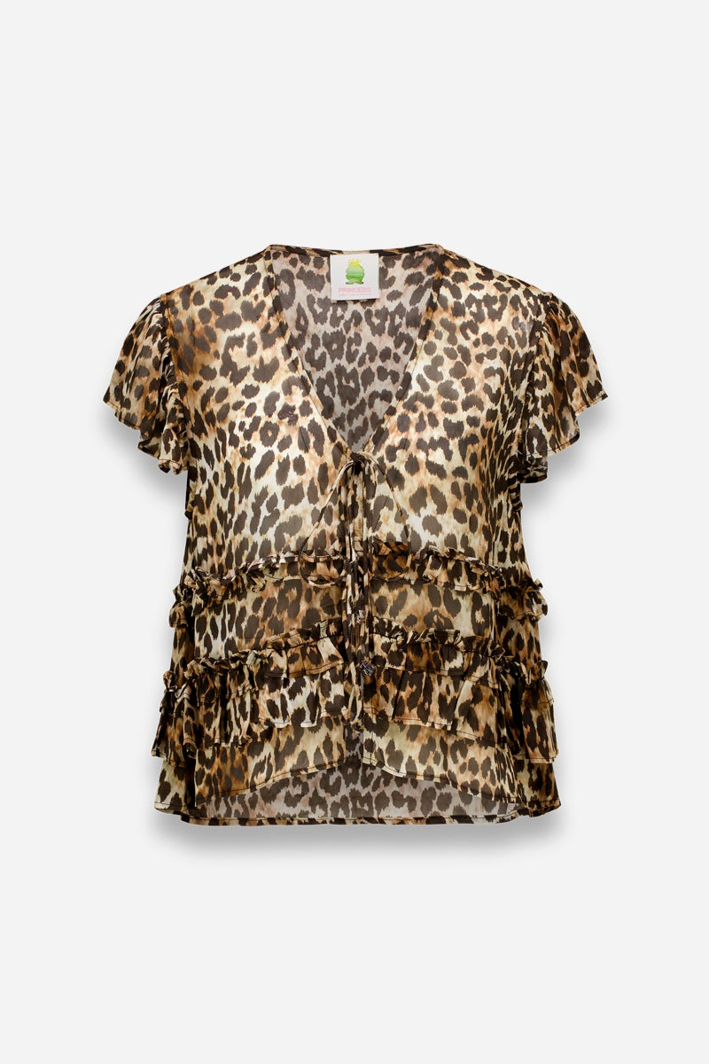 Eine durchsichtige, kurzärmelige Bluse von Princess Goes Hollywood mit braunem und schwarzem Leopardenmuster, V-Ausschnitt, gerafften Lagen und Bindebändern auf der Vorderseite ist auf einem schlichten weißen Hintergrund zu sehen.