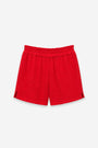 Diese limitierte Auflage der Baumwollmusselin-Shorts von Princess Goes Hollywood in leuchtendem Rot besticht durch einen strukturierten, gekräuselten Stoff, einen elastischen Bund und kleine Seitenschlitze. Das Modell „Kurze Hose Damen“ wird vor einem schlichten weißen Hintergrund präsentiert.
