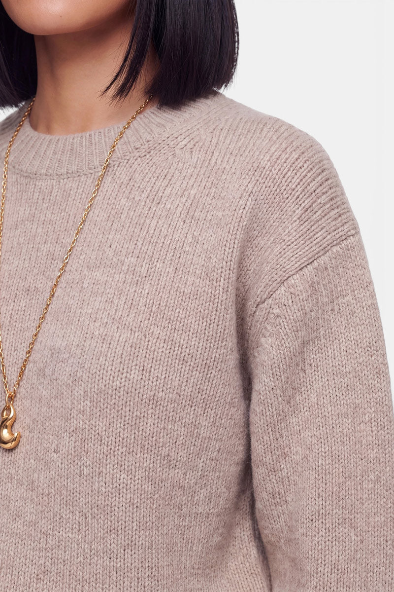 Eine Person mit glattem, kinnlangem, dunklem Haar trägt einen beigen Kaschmir-Strickpullover mit Rundhalsausschnitt und eine goldene Halskette mit einem fischförmigen Anhänger. Der Hintergrund ist einfarbig und hell. Zu sehen sind nur der untere Teil des Gesichts, der Hals und der obere Oberkörper.