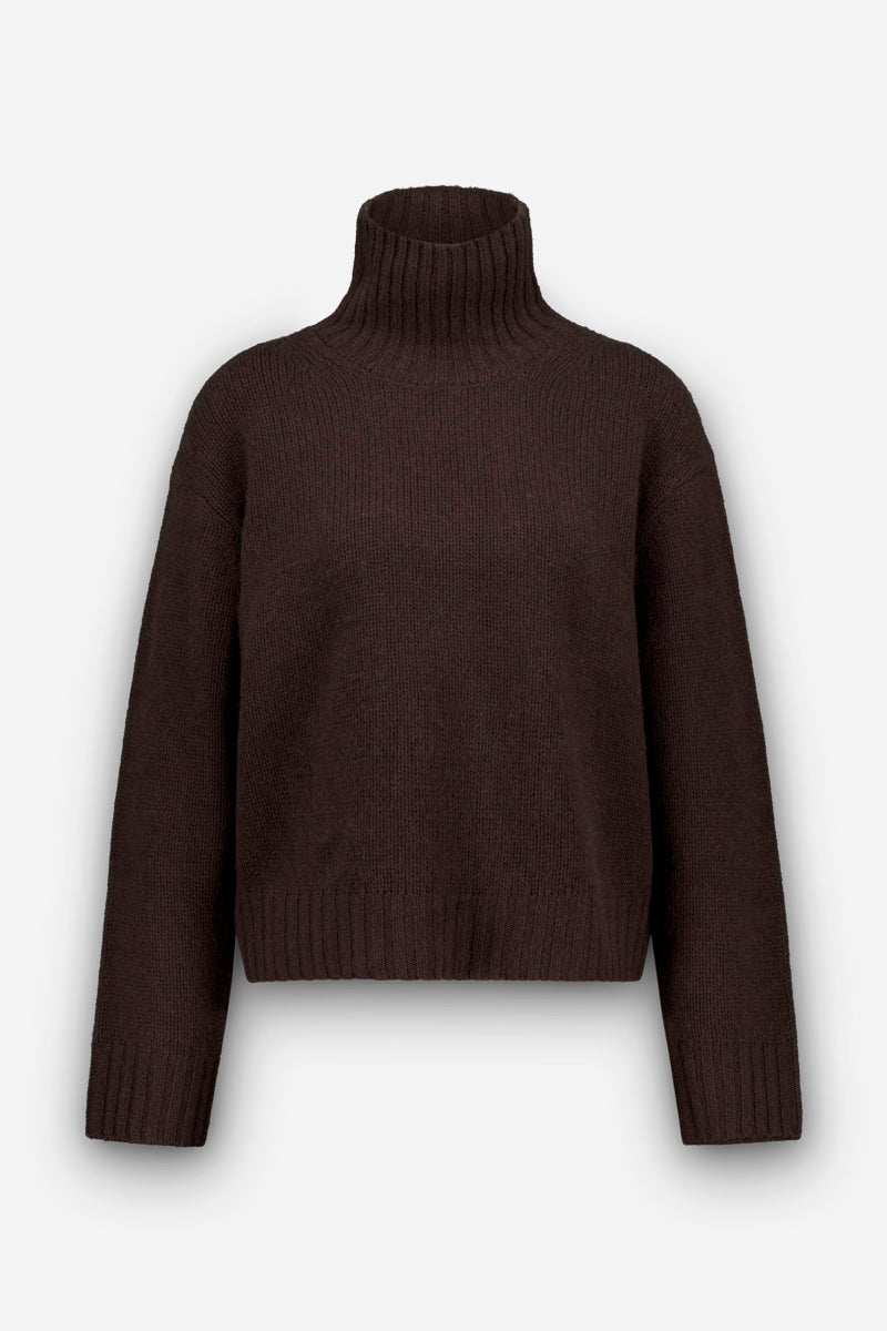Ein brauner, langärmeliger Damenpullover aus Kaschmir wird vor einem schlichten weißen Hintergrund präsentiert. Der Pullover verfügt über einen stilvollen Stehkragen sowie gerippte Abschlüsse an Kragen, Ärmelbündchen und Saum. Mit seinem lockeren, kastenförmigen Schnitt und dem Verzicht auf sichtbare Muster oder Verzierungen bietet er zeitlose Eleganz und besonderen Tragekomfort.