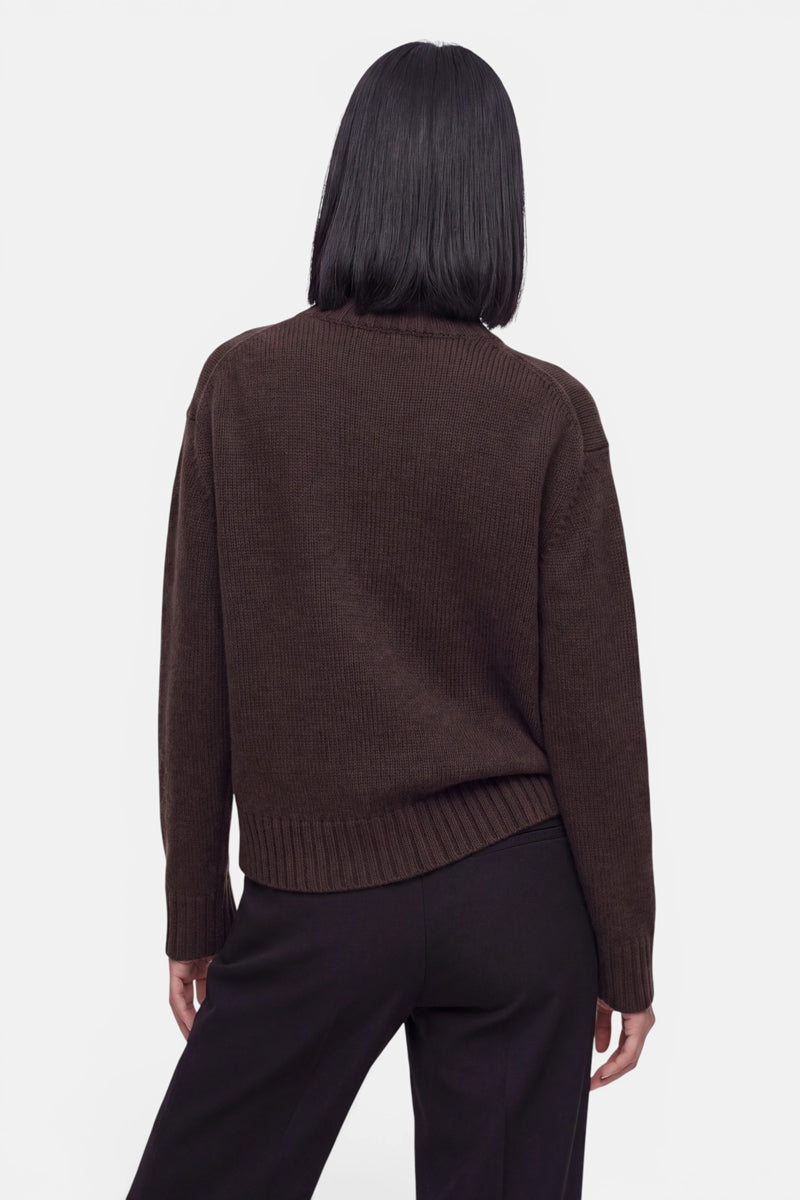Eine Person mit glattem, schulterlangem schwarzem Haar ist von hinten zu sehen; sie trägt einen dunkelbraunen Kaschmir-Strickpullover mit Stehkragen und eine schwarze Hose. Der Hintergrund ist einfarbig weiß.