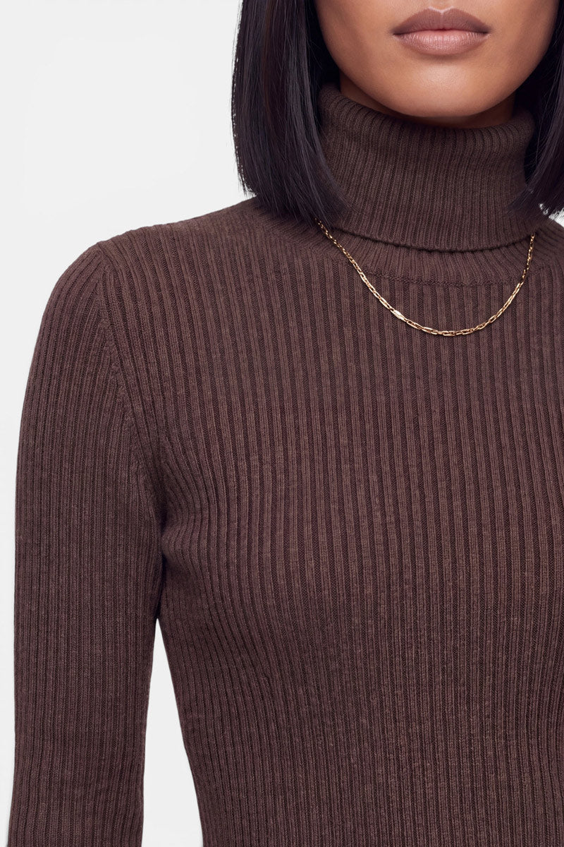 Eine Frau mit glattem, dunklem Haar trägt einen Damen-Pullover – einen braunen, gerippten Kaschmir-Rollkragenpullover – sowie eine dünne goldene Halskette. Zu sehen sind nur ihr unteres Gesicht, ihr Hals, ihre Schultern und ihr oberer Oberkörper. Der Hintergrund ist schlicht weiß.
