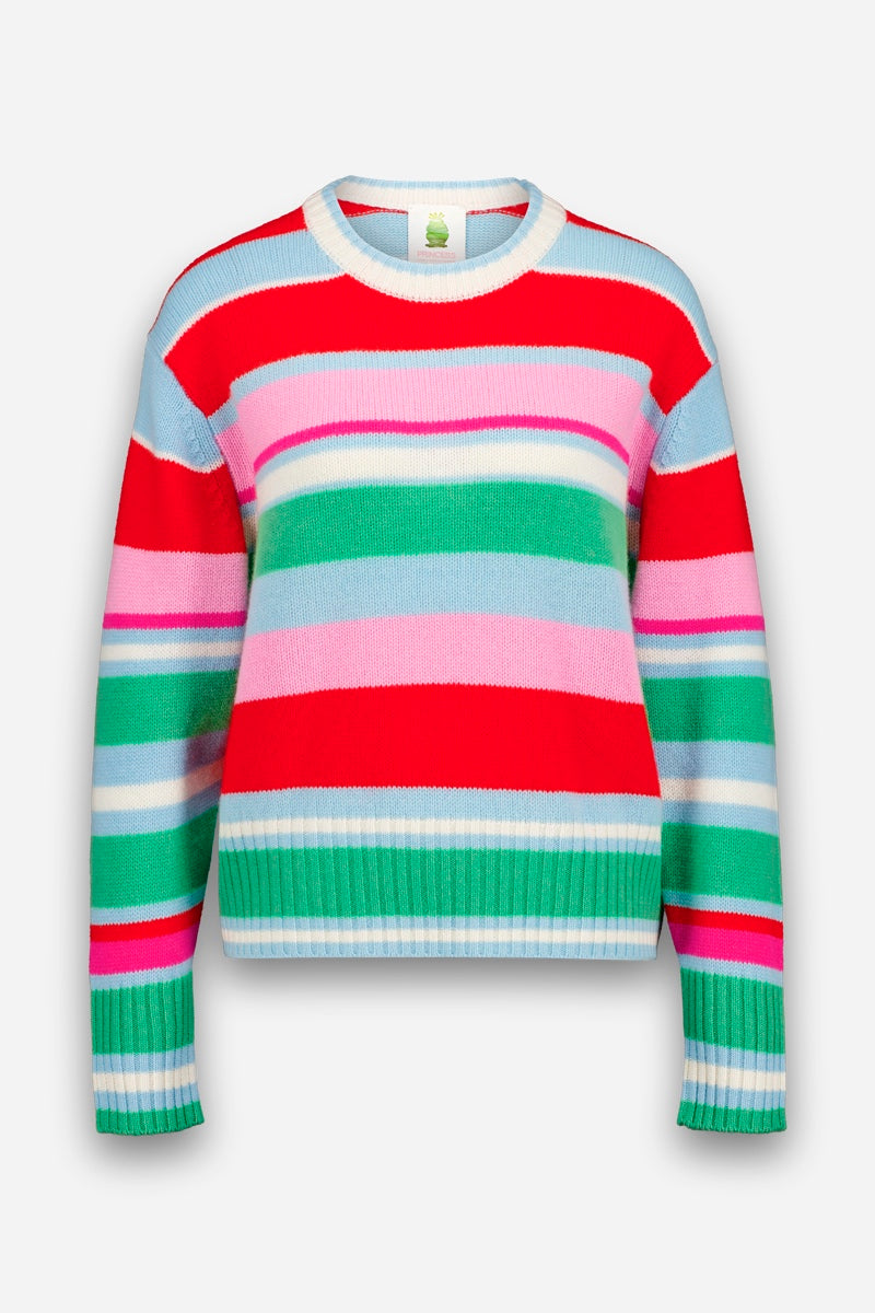 Ein farbenfroher Strickpullover mit horizontalen Streifen in Rot, Rosa, Grün, Weiß und Hellblau. Dieser gestreifte Pullover hat einen Rundhalsausschnitt, lange Ärmel sowie gerippte Bündchen und einen gerippten Saum. Er ist aus einer weichen Wolle-Kaschmir-Mischung gefertigt und wirkt mit seinen auffälligen, unterschiedlich breiten Streifen durchgehend gemütlich und lebhaft.