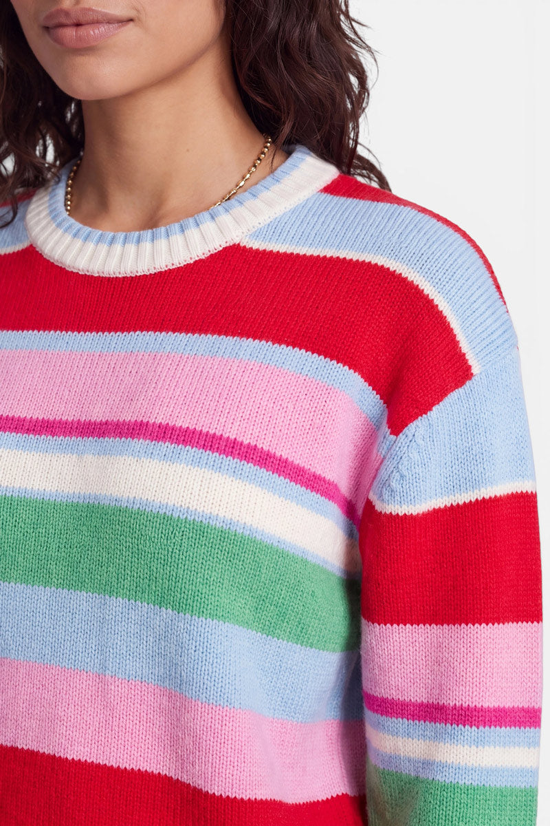 Eine Frau, die einen gestreiften Strickpullover aus einer Woll-Kaschmir-Mischung mit horizontalen Streifen in Rot, Rosa, Hellblau, Grün und Weiß trägt. Sie hat welliges dunkles Haar und trägt eine goldene Halskette. Der Hintergrund ist einfarbig weiß. Zu sehen sind nur ihr unterer Gesichtsbereich, ihr Hals und ihr Oberkörper.