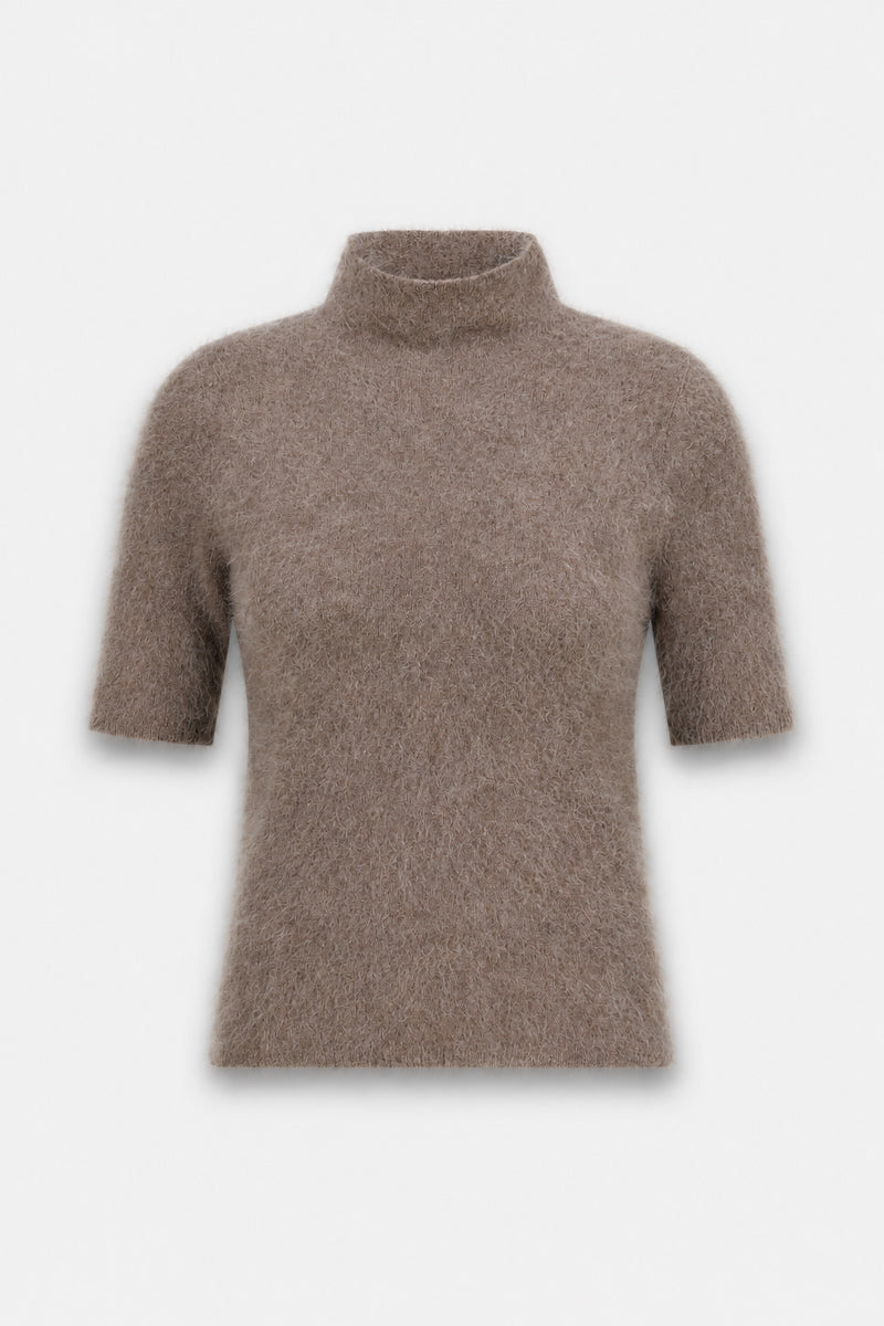 Ein weicher, flauschiger Pullover in Taupe mit hohem Stehkragen und kurzen Ärmeln. Die Struktur wirkt gemütlich und leicht flauschig; der Pullover ist aus gebürsteter Wolle gefertigt und bietet somit zusätzlichen Tragekomfort. Der Pullover wird vor einem schlichten weißen Hintergrund präsentiert und von vorne gezeigt, ohne sichtbare Verschlüsse oder Verzierungen.