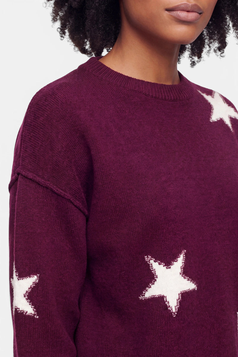 Eine Person trägt einen pflaumenfarbenen Boxy-Pullover mit weißen Sternen-Intarsia-Applikationen an Schulter und Ärmel. Zu sehen sind nur die untere Hälfte des Gesichts, der Hals und ein Teil des Oberkörpers. Der Pullover ist aus Merinowolle gefertigt und bietet somit besonderen Tragekomfort; er ist vor einem schlichten, hellgrauen Hintergrund abgebildet.