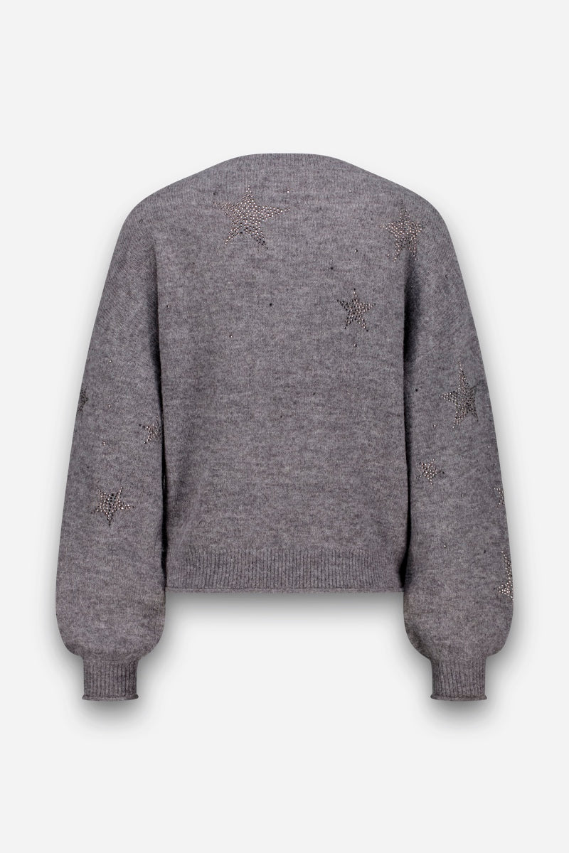 Ein grauer Strickpullover, hier von hinten gezeigt, hat lange Ärmel sowie gerippte Bündchen und einen gerippten Saum. Kleine, sternförmige Motive aus silbernen Strass-Sternen sind über den Stoff verteilt. Dieser elegante Pullover aus Alpaka-Wolle wird vor einem schlichten weißen Hintergrund präsentiert.