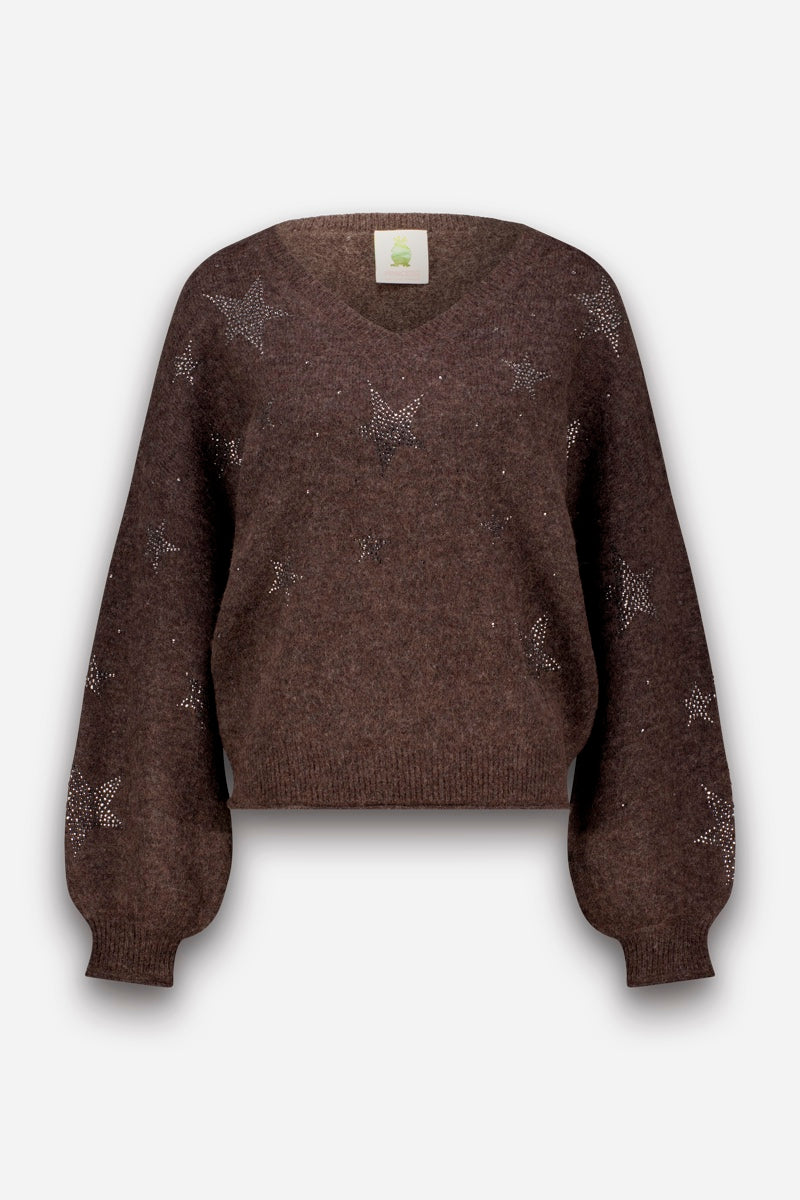 Brauner, langärmeliger Strickpullover aus Alpaka-Wolle mit V-Ausschnitt, lockerer Passform sowie gerippten Bündchen und Saum. Der Pullover ist mit kleinen, lichtreflektierenden Strasssteinen verziert, die in Sternmustern über die Vorderseite und die Ärmel verteilt sind. Am Hals ist ein grün-weißes Etikett zu sehen.