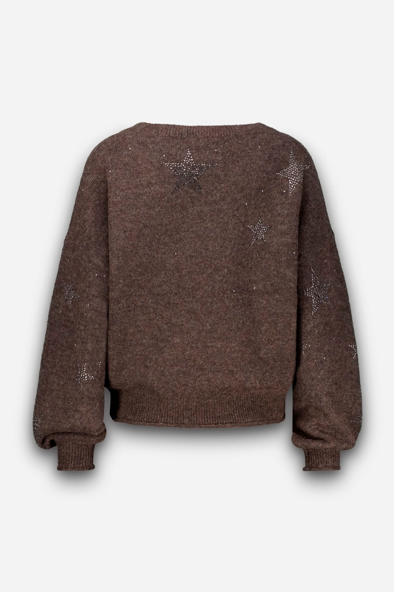 Brauner Pullover aus Alpaka-Wolle in lockerer Passform mit gerippten Bündchen und Saum, verziert mit kleinen, glänzenden Strassstein-Sternchen auf dem Rücken und den Ärmeln. Der Pullover hat einen Rundhalsausschnitt und wirkt kuschelig und weich. Der Hintergrund ist schlicht weiß.