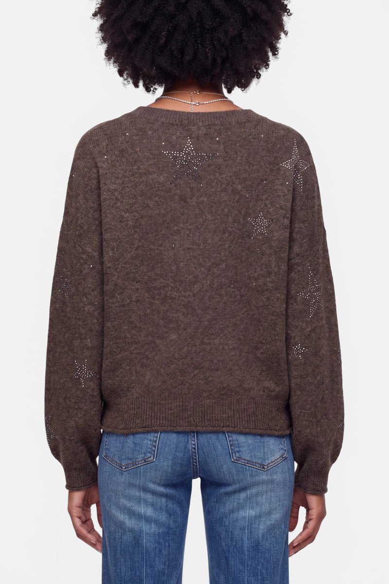Eine Person mit lockigem Haar trägt einen braunen Pullover aus Alpaka-Wolle, der mit dezenten Strassstein-Sternen verziert ist, sowie eine blaue Jeans. Die Aufnahme wurde von hinten gemacht und zeigt die Details des Pullovers, darunter den V-Ausschnitt und die Gesäßtaschen der Jeans. Der Hintergrund ist schlicht und weiß.