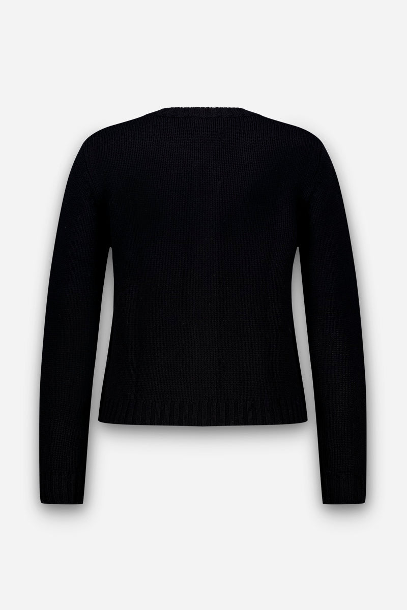 Rückansicht eines schlichten schwarzen Langarm-Strickpullovers aus einer luxuriösen Wolle-Kaschmir-Mischung mit geripptem Saum und Ärmelbündchen, fotografiert vor weißem Hintergrund. Die Strickjacke hat ein schlichtes, klassisches Design ohne sichtbare Muster, Knöpfe oder Verzierungen.