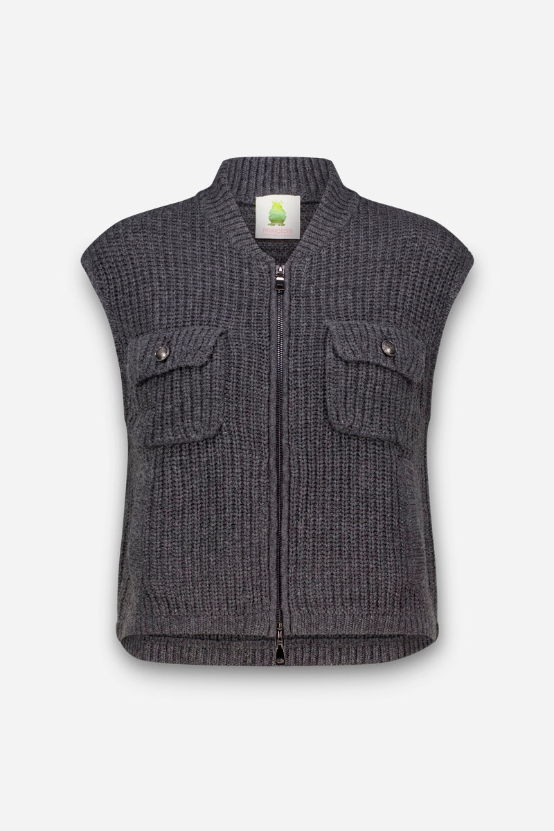 Eine dunkelgraue Wolle-Kaschmir-Weste mit Reißverschluss, hohem Kragen und zwei Brusttaschen mit Knopfverschluss. Sie hat eine kastenförmige, ärmellose Silhouette und einen mittig verlaufenden Reißverschluss.