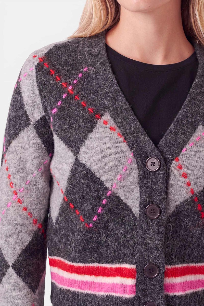 Eine Person, die eine graue Strickjacke mit Argyle-Muster trägt, das aus dunklen Rautenmustern, rosa und roten Ziernähten sowie rosa und roten Querstreifen im Taillenbereich besteht, mit schwarzen Knöpfen und einem schwarzen Oberteil darunter. Zu sehen sind nur der Oberkörper und ein Teil des Gesichts.
