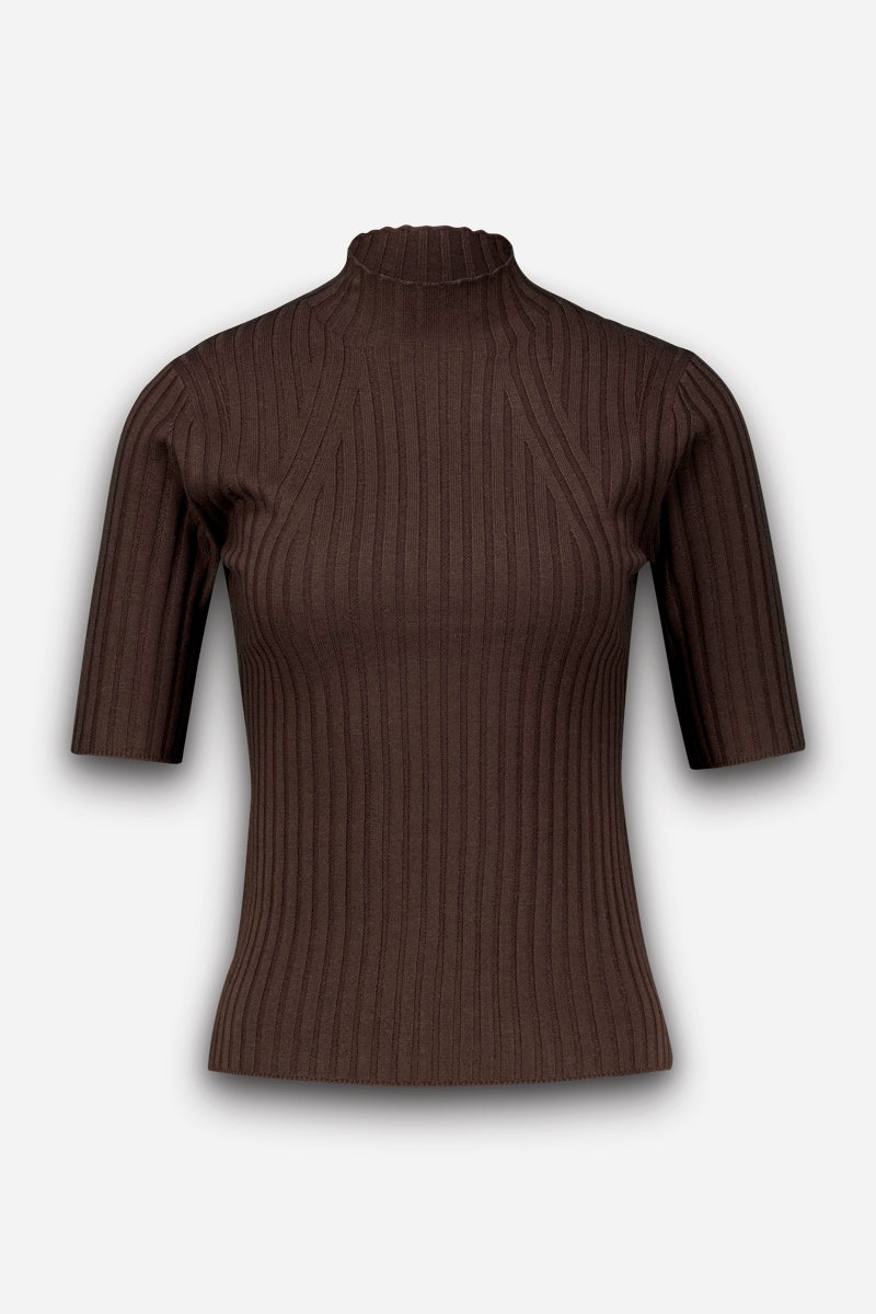 Ein dunkelbrauner, kurzärmeliger Pullover mit Stehkragen und vertikaler Rippenstruktur.