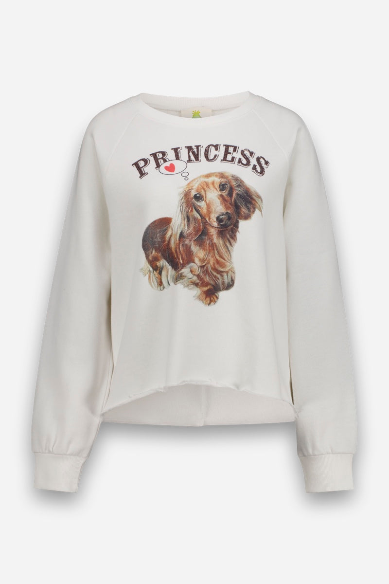 Ein weißes Baumwoll-Sweatshirt zeigt einen realistischen Dackel-Aufdruck, der einen langhaarigen Dackel unter dem Wort „PRINCESS“ in großen, geschwungenen, braunen Buchstaben darstellt, wobei über dem Buchstaben „I“ eine kleine rote Krone zu sehen ist. Das Sweatshirt hat lange Ärmel und einen lässigen, leicht verkürzten Schnitt.