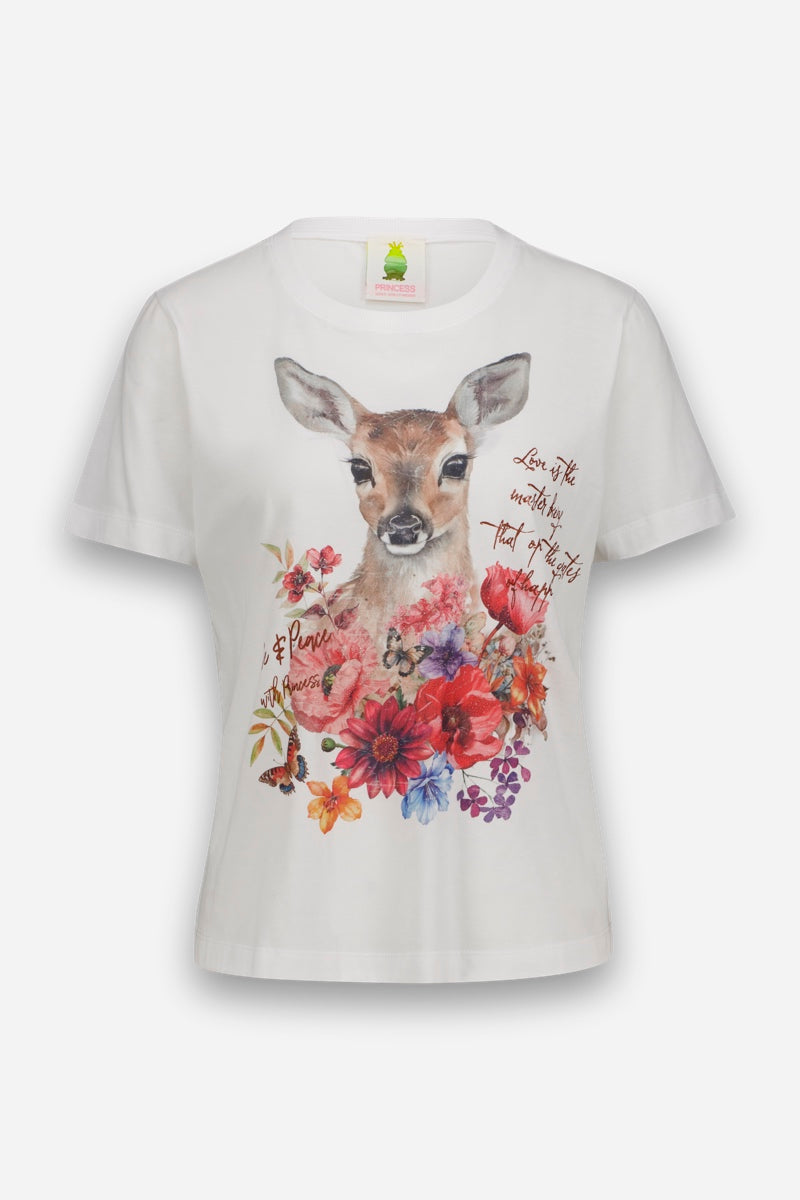 Weißes Baumwoll-T-Shirt mit Rundhalsausschnitt, verziert mit einem bezaubernden Reh-Print im Aquarellstil, umgeben von bunten Blumen. Handgeschriebener Text: „Love is the secret key that opens every heart.“ Das Motiv ist mittig platziert und von Blumen in Rot-, Lila- und Orangetönen umrahmt.