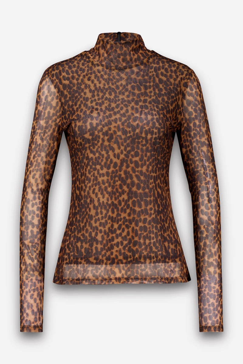 Ein langärmeliges, durchscheinendes Mesh-Oberteil mit hohem Rollkragen und einem durchgehenden braun-schwarzen Leopardenmuster. Das Mesh-Langarmshirt ist halbtransparent, figurbetont geschnitten und sorgt für eine eng anliegende Silhouette. Das Oberteil hat keine sichtbaren Knöpfe oder Verzierungen.
