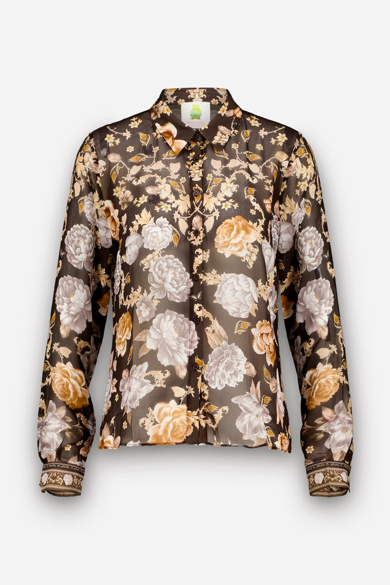 Eine transparente, langärmelige Hemdbluse mit einem Blumenmuster in Gelb-, Weiß- und Beigetönen auf dunklem Hintergrund. Diese elegante Seidenbluse verfügt über einen Kragen, eine Knopfleiste vorne und gemusterte Manschetten, während der exquisite Blumenprint ihr einen zusätzlichen Hauch von Raffinesse und Stil verleiht.