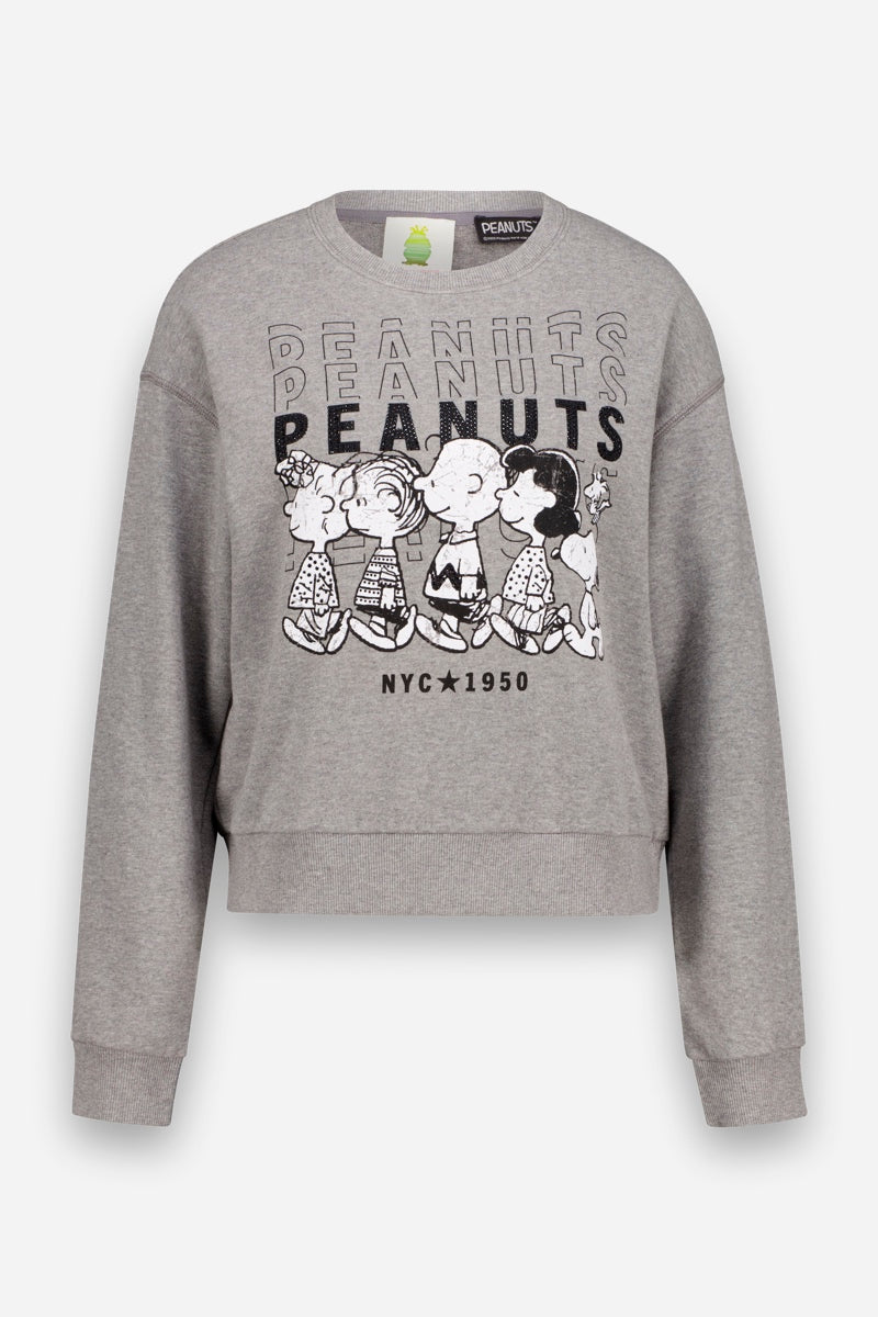 Graues Peanuts-Sweatshirt mit langen Ärmeln und schwarz-weißen Illustrationen von fünf Peanuts-Figuren, die nebeneinander stehen. Über ihnen ist der Schriftzug „PEANUTS“ dreimal in fetten Buchstaben aufgedruckt, die jeweils mit dezenten Strassstein-Akzenten verziert sind. Darunter steht „NYC★1950“. Das aus weicher Baumwolle gefertigte Sweatshirt hat einen Rundhalsausschnitt und gerippte Bündchen für eine bequeme Passform.