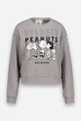 Graues Peanuts-Sweatshirt mit langen Ärmeln und schwarz-weißen Illustrationen von fünf Peanuts-Figuren, die nebeneinander stehen. Über ihnen ist der Schriftzug „PEANUTS“ dreimal in fetten Buchstaben aufgedruckt, die jeweils mit dezenten Strassstein-Akzenten verziert sind. Darunter steht „NYC★1950“. Das aus weicher Baumwolle gefertigte Sweatshirt hat einen Rundhalsausschnitt und gerippte Bündchen für eine bequeme Passform.