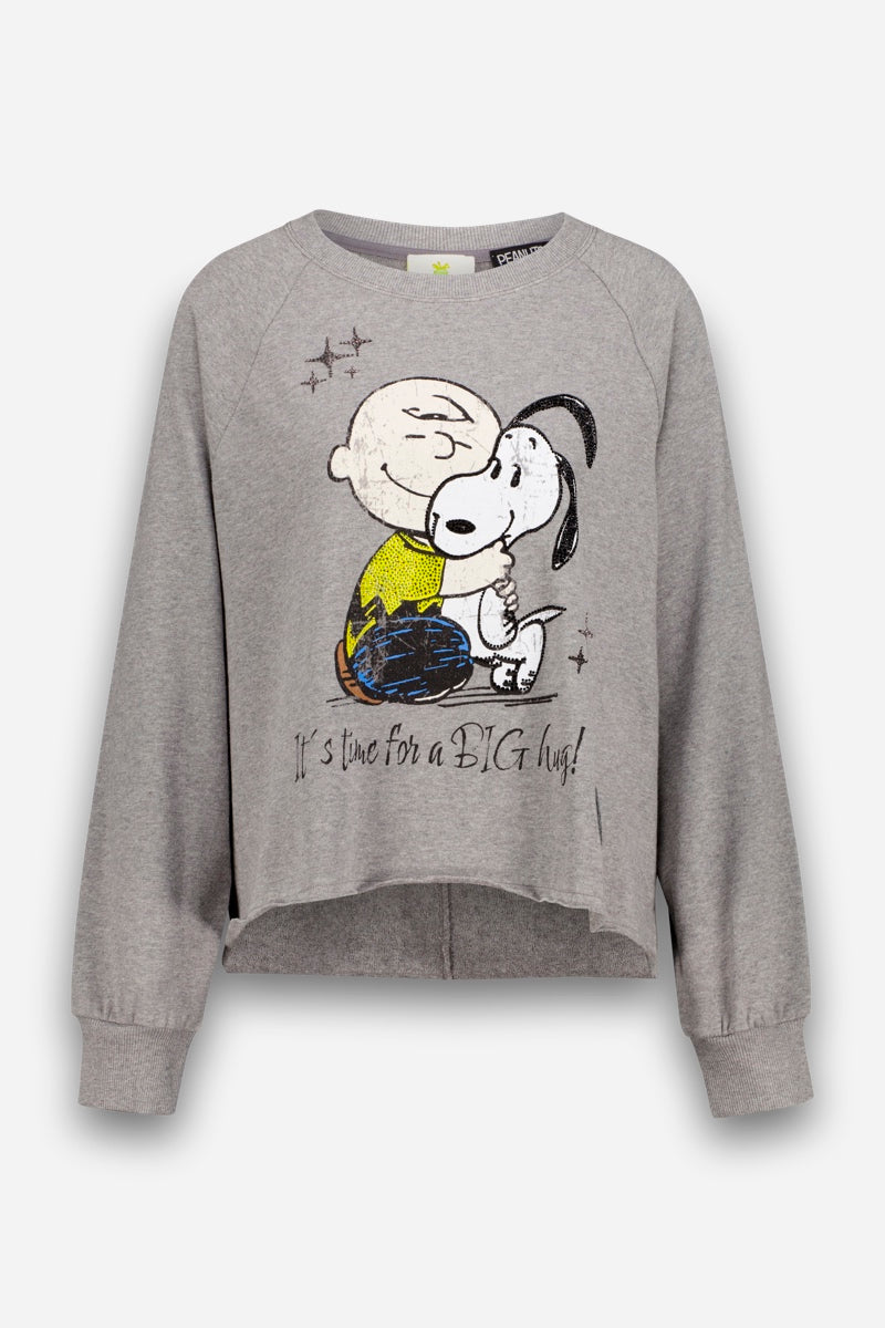 Ein graues Snoopy-Sweatshirt zeigt die Grafik eines lächelnden Jungen, der einen weißen Hund umarmt; beide sind schwarz umrandet. Darunter steht der Schriftzug: „Es ist Zeit für eine GROSSE Umarmung!“ Das Shirt besteht aus weicher Baumwolle und hat lange Ärmel, gerippte Bündchen sowie einen etwas längeren hinteren Saum.