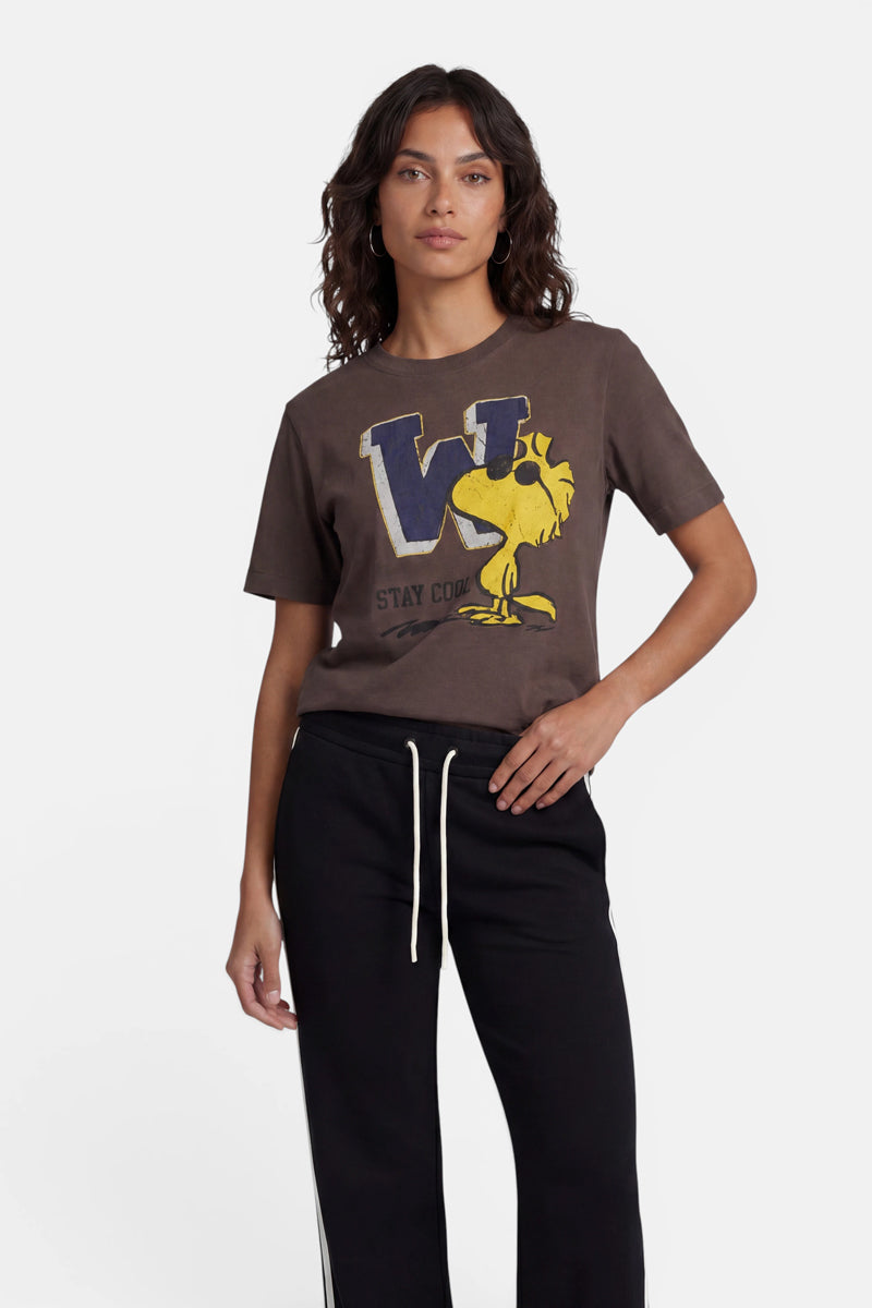 Eine Frau mit welligem, dunklem Haar trägt ein braunes Baumwoll-T-Shirt der Limited Edition „Princess Goes Hollywood“ mit einem großen blauen „W“, einem gelben Comic-Vogel im Woodstock-Stil und dem Schriftzug „STAY COOL“. Dazu trägt sie eine schwarze Hose vor einem schlichten weißen Hintergrund.