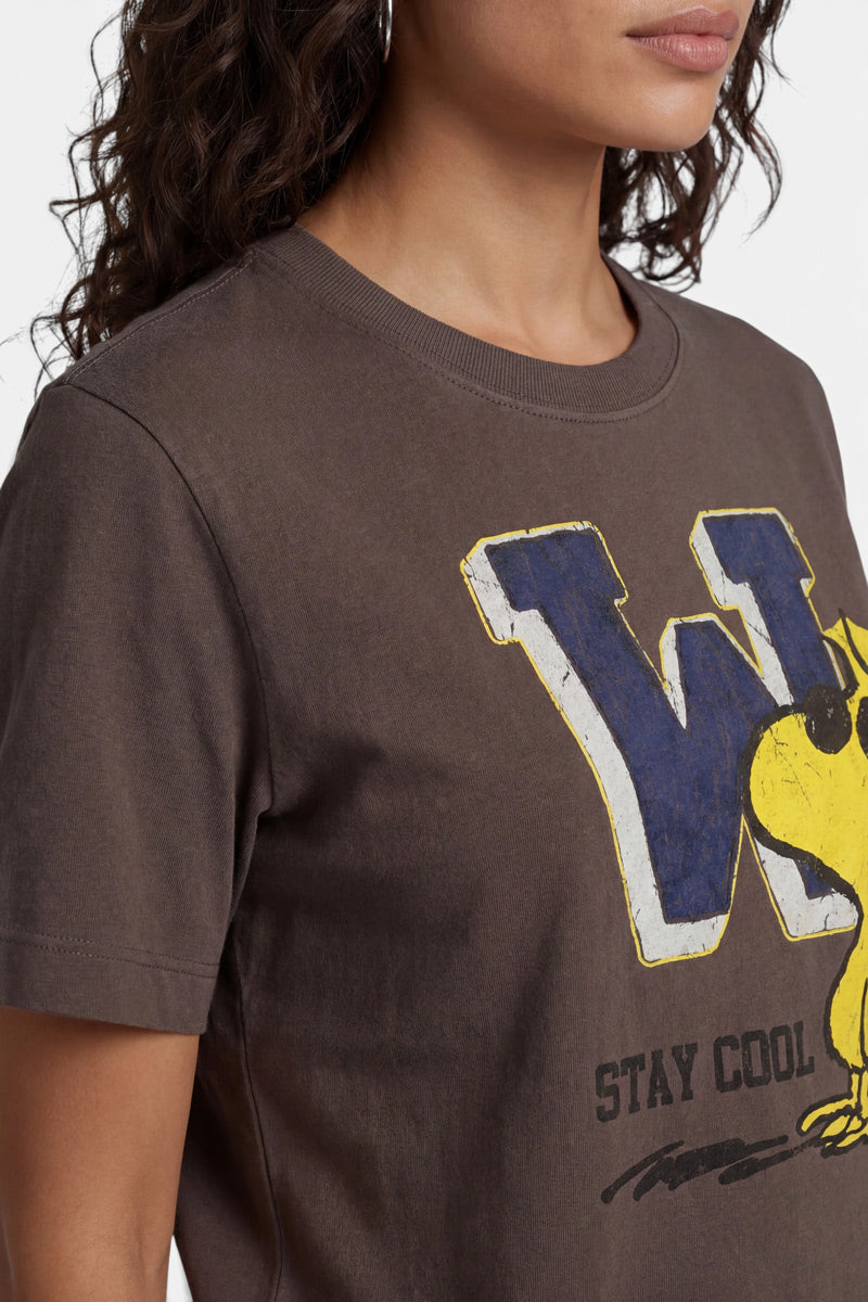 Eine Frau mit welligem braunem Haar trägt ein verblasstes braunes „Princess Goes Hollywood“-T-Shirt mit einem großen, im Used-Look gehaltenen blauen und gelben „W“, das Teil einer gelben Comicfigur ist, sowie dem Schriftzug „STAY COOL“ – ein Woodstock-Print in limitierter Auflage.