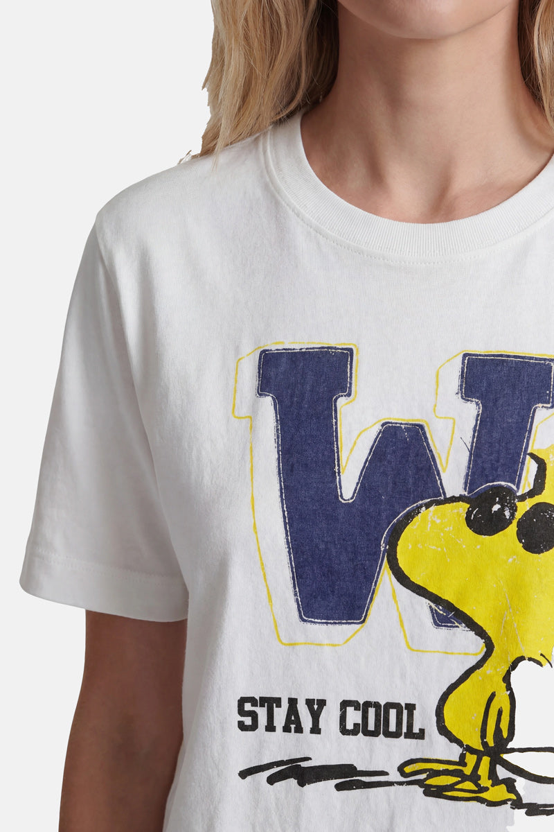 Eine Frau präsentiert ein Baumwoll-T-Shirt der Limited Edition „Princess Goes Hollywood“ mit einem großen blau-gelben „W“, einem „Peanuts“-Woodstock-Aufdruck und dem auffälligen schwarzen Schriftzug „STAY COOL“. Das Foto ist an ihrer Nase und in der Mitte ihres Arms beschnitten.