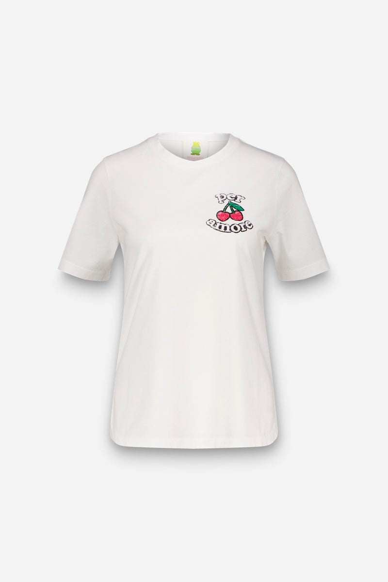 Ein schlichtes weißes Princess Goes Hollywood Baumwolle-T-Shirt mit einer kleinen Kirschstickerei-Grafik von zwei Kirschen und "Best Choice" in Schwarz auf der linken Brust. Das Shirt ist von vorne auf weißem Hintergrund ohne sichtbares Model.