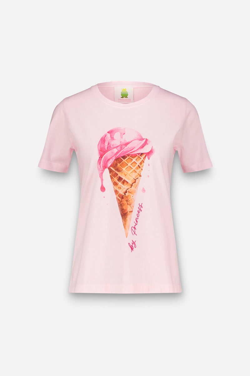 Hellrosa Baumwolle T-Shirt von Princess Goes Hollywood mit einem großen, realistischen Eistüten-Aufdruck und schmelzenden Kugeln. Das Shirt trägt den Schriftzug "by Street One" in rosa Schrift und ist auf einem schlichten weißen Hintergrund abgebildet.