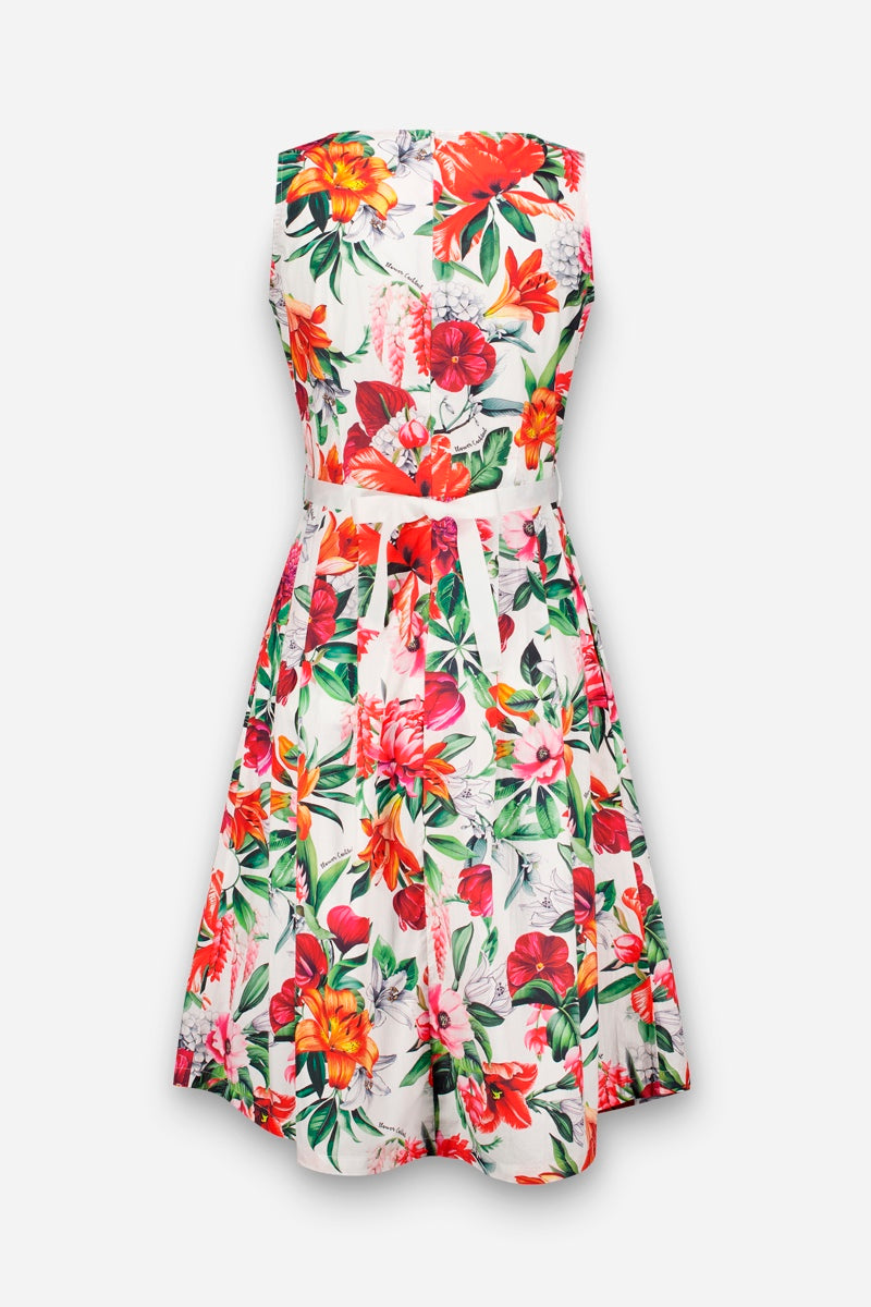 Ärmelloses, knielanges Minikleid von Princess Goes Hollywood aus weißer Baumwolle mit leuchtend rotem, orangefarbenem und rosafarbenem Blumenprint, grünen Blättern, Rundhalsausschnitt, tailliertem Mieder und ausgestelltem Rock.