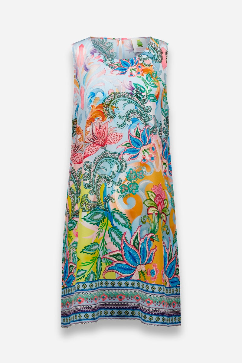 Das ärmellose, knielange Kleid mit Paisley-Print von Princess Goes Hollywood besticht durch sein farbenfrohes Blumenmuster in Blau, Grün, Rosa, Orange und Gelb. Es ist in einer lockeren A-Linie geschnitten und hat eine dekorative Bordüre am Saum.