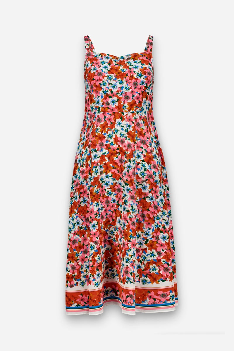 Dieses ärmellose Midikleid von Princess Goes Hollywood in limitierter Auflage hat breite Träger, ein tailliertes Oberteil, ein lebhaftes Blumenmuster und eine orange-weiß gestreifte Bordüre am Saum.