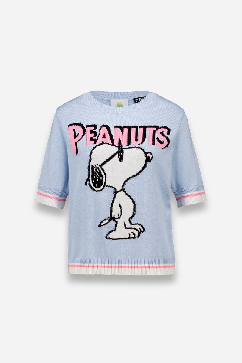 Ein hellblauer Princess Goes Hollywood Peanuts Pullover aus weichem Baumwollmix mit weiß und rosa gestreiften Bündchen und Saum. Auf der Vorderseite ist ein großer Snoopy mit Sonnenbrille abgebildet, darüber steht in kräftigem Pink und Schwarz "PEANUTS".