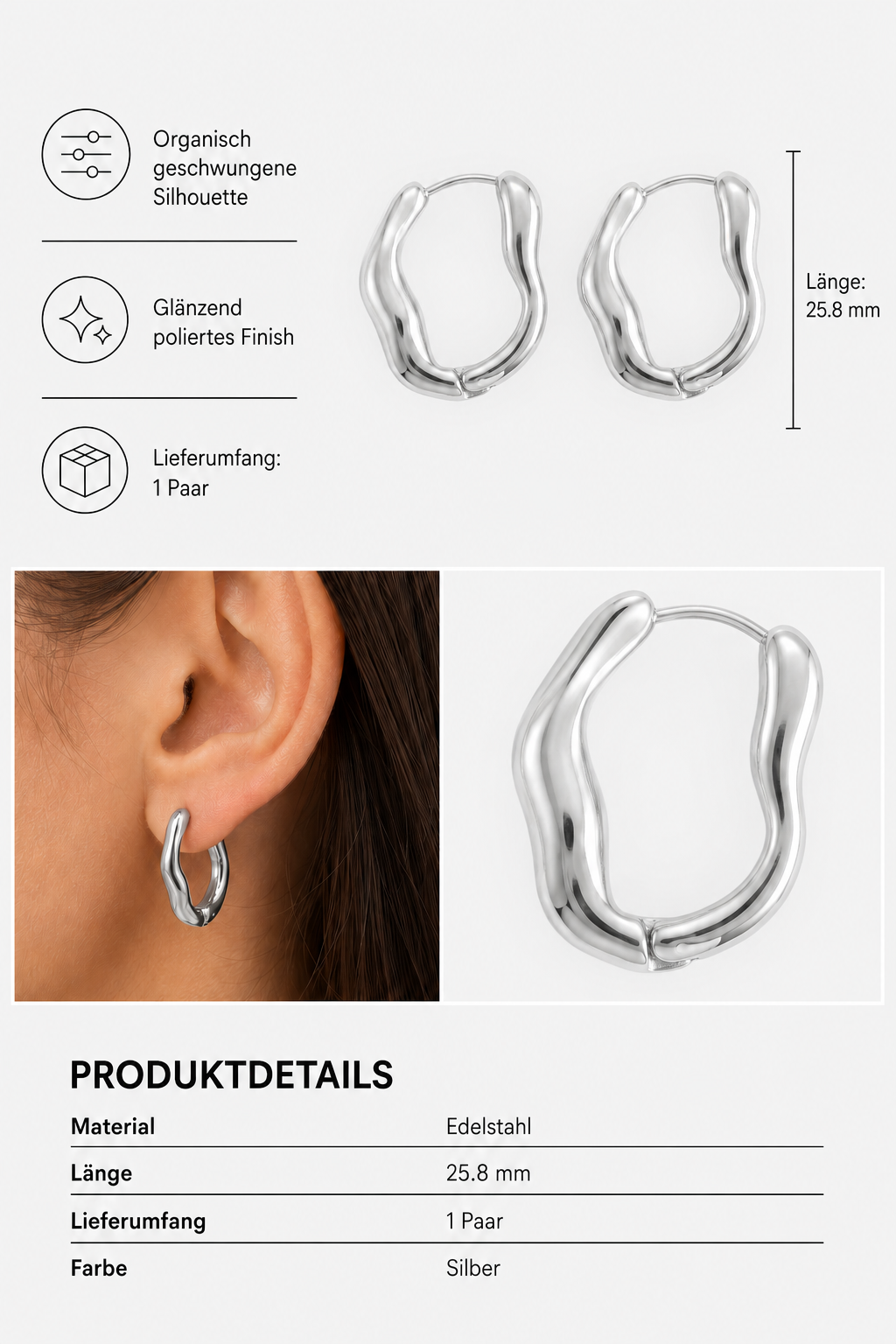 Abgebildet ist ein Paar wellenförmige, polierte silberfarbene Edelstahl-Creolen von Princess Goes Hollywood. In den Produktsymbolen und technischen Daten wird das Material als Edelstahl, die Länge als 25,8 mm und die Farbe als Silber angegeben; außerdem wird darauf hingewiesen, dass ein Paar im Lieferumfang enthalten ist. Diese skulpturalen Ohrringe werden zur Veranschaulichung der Größe auch am Ohr einer Person präsentiert.