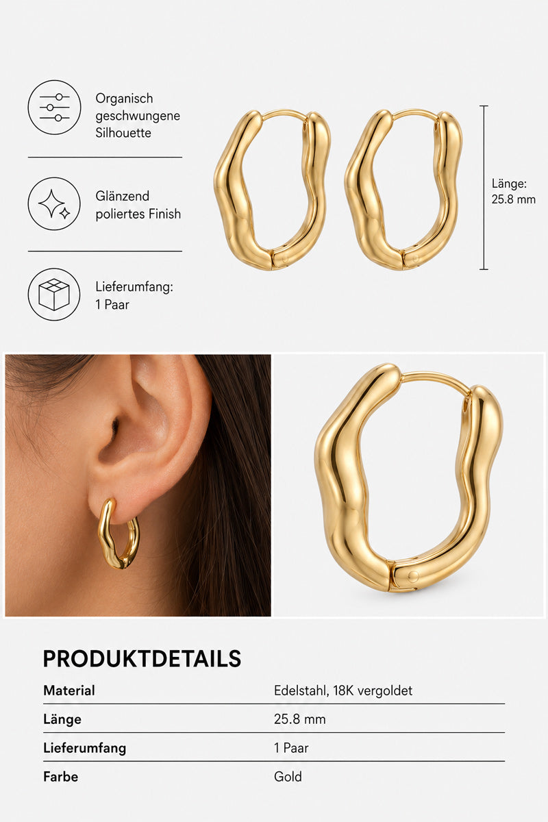 Ein Paar gewellte, polierte Gold-Creolen von Princess Goes Hollywood mit 18-Karat-Vergoldung und einer Länge von 25,8 mm wird vor einem weißen Hintergrund präsentiert, wobei die Produktdetails gut sichtbar sind. Ein eleganter Ohrring wird am Ohr eines Models gezeigt, um die Größe und Passform zu veranschaulichen. Symbole und Text beschreiben das Material (Edelstahl) und die Eigenschaften der Creolen.