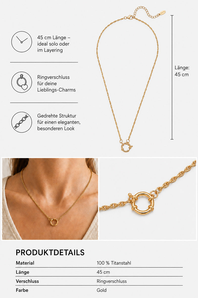 Abgebildet ist eine goldene Gliederkette von Princess Goes Hollywood mit einem runden Ringverschluss, gefertigt aus Titanstahl mit eleganter 18-Karat-Vergoldung für dauerhaften Glanz. Die Gliederkette ist 45 cm lang und eignet sich somit perfekt zum Kombinieren mit anderen Ketten oder zum alleinigen Tragen. Detailaufnahmen heben das Design der gedrehten Kette und des Verschlusses hervor. Auf einem Bild wird die Halskette von einem Model getragen, wobei sie anmutig auf Höhe des Schlüsselbeins sitzt.