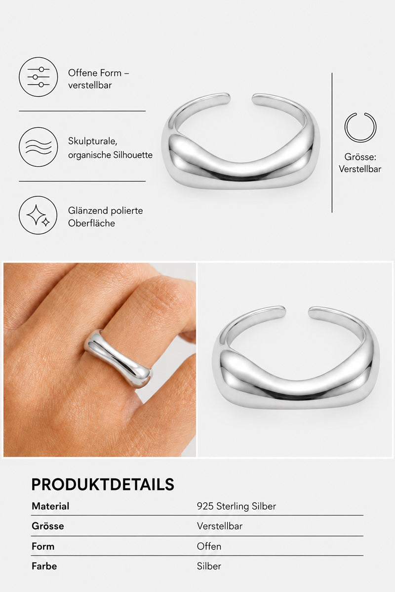 Ein glänzender, verstellbarer Ring von Princess Goes Hollywood aus 925er Sterlingsilber mit glattem, wellenförmigem Design wird einzeln und am Finger präsentiert. Symbole und deutscher Text unterstreichen den offenen, skulpturalen Stil, die polierte Oberfläche sowie die anpassbare Passform. Die unten aufgeführten Produktdetails beschreiben diesen Ring als minimalistisches Schmuckstück aus 925er Sterlingsilber der Marke Princess Goes Hollywood.