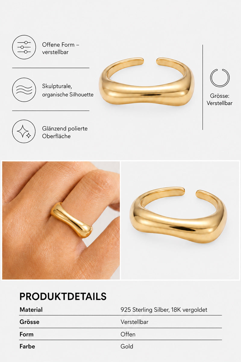 Ein goldfarbener, organisch geformter, offener Ring mit polierter Oberfläche von Princess Goes Hollywood wird sowohl am Finger als auch einzeln abgebildet. Abbildungen verdeutlichen seine verstellbare, offene Form. In der Produktbeschreibung wird er als individuell in der Größe anpassbarer Ring aus 925er Sterlingsilber mit 18-karätiger Vergoldung beschrieben, der sich durch ein offenes Design in Goldfarbe auszeichnet.