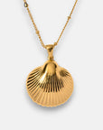 A gold necklace by Princess Goes Hollywood featuring a shiny, scallop-shaped pendant with fine ridges and a smooth bail on a delicate beaded chain, all set against a plain light background.