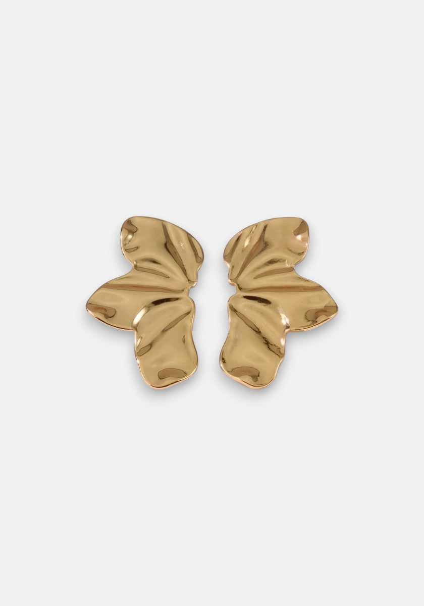 A pair of shiny gold butterfly earrings by Princess Goes Hollywood, featuring smooth, folded wings and a minimalist symmetrical design for an elegant look, shown against a plain white background.