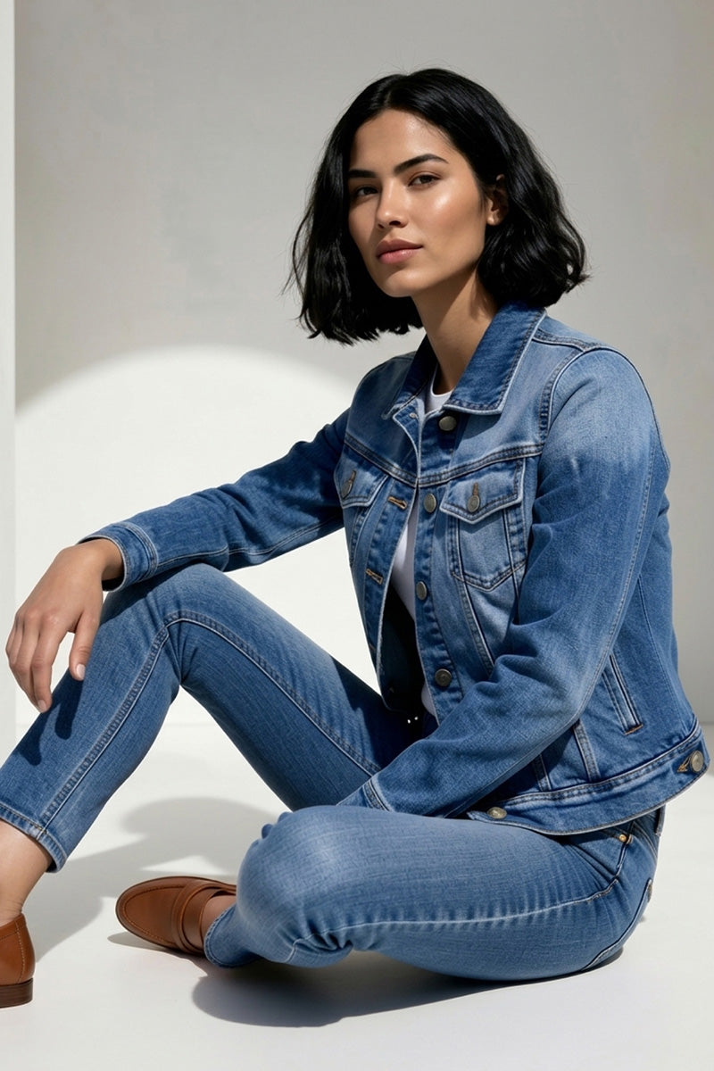 Eine Frau mit einem kinnlangen schwarzen Bob sitzt auf dem Boden vor einem hellgrauen Hintergrund. Sie trägt ein blaues Baumwollhemd und eine passende Jeans von Princess Goes Hollywood mit braunen Halbschuhen. Sie blickt selbstbewusst in die Kamera, einen Arm auf ihr Knie gestützt.