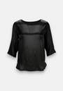 A black satin blouse by Princess Goes Hollywood with 3/4 sleeves, a round neckline, and a relaxed fit. Crafted from smooth viscose with a shiny finish, it’s shown on a plain light grey background without embellishments or visible fastenings.