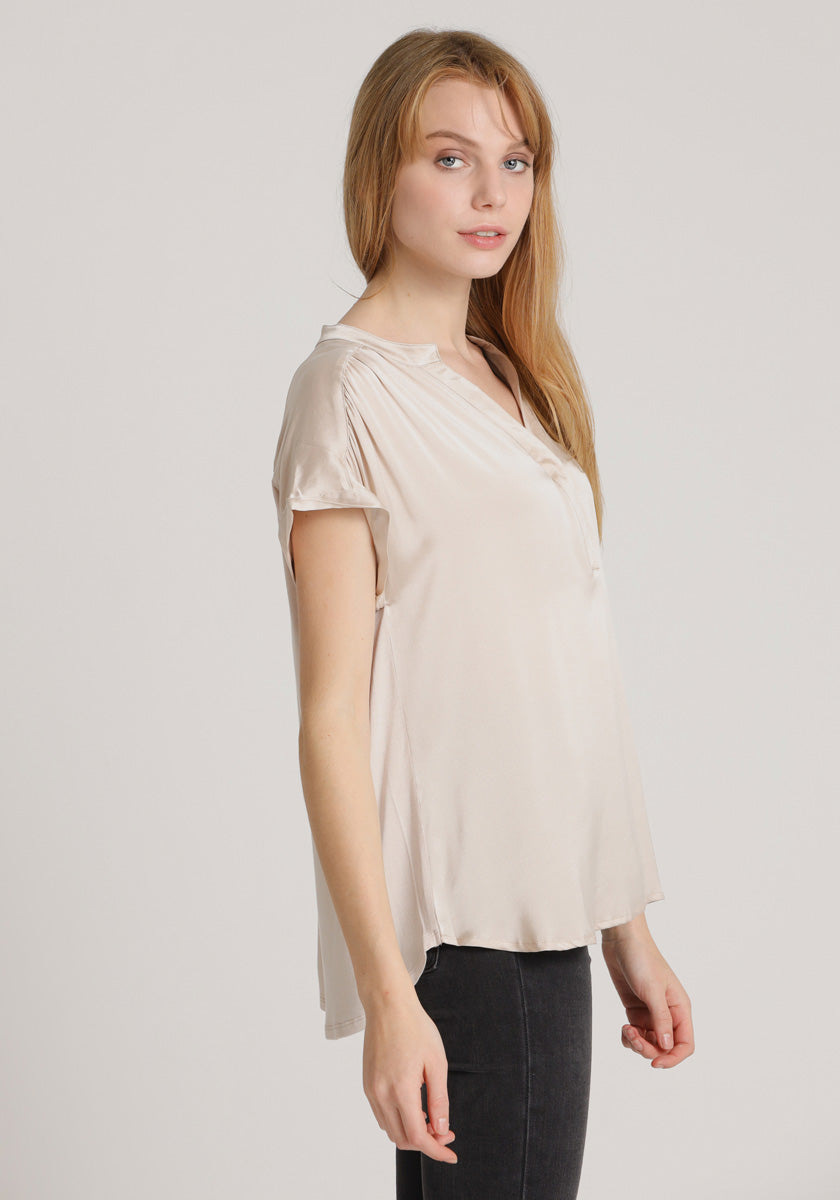 Short-sleeved silk blouse with V-neck