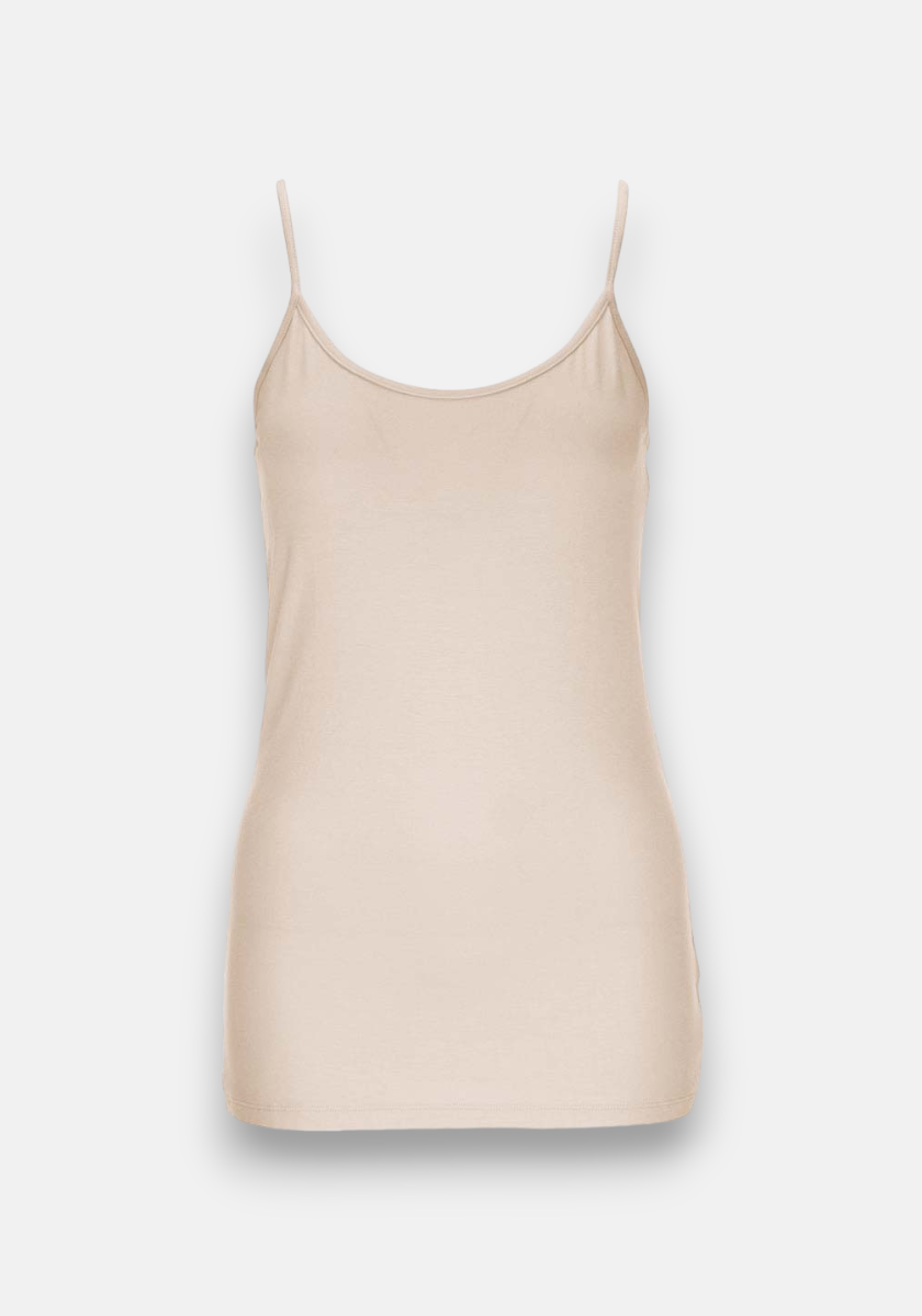 A plain, light beige Viskose Top by Princess Goes Hollywood with a fitted cut, adjustable spaghetti straps, and a scoop neckline is shown against a white background; the camisole has no embellishments.