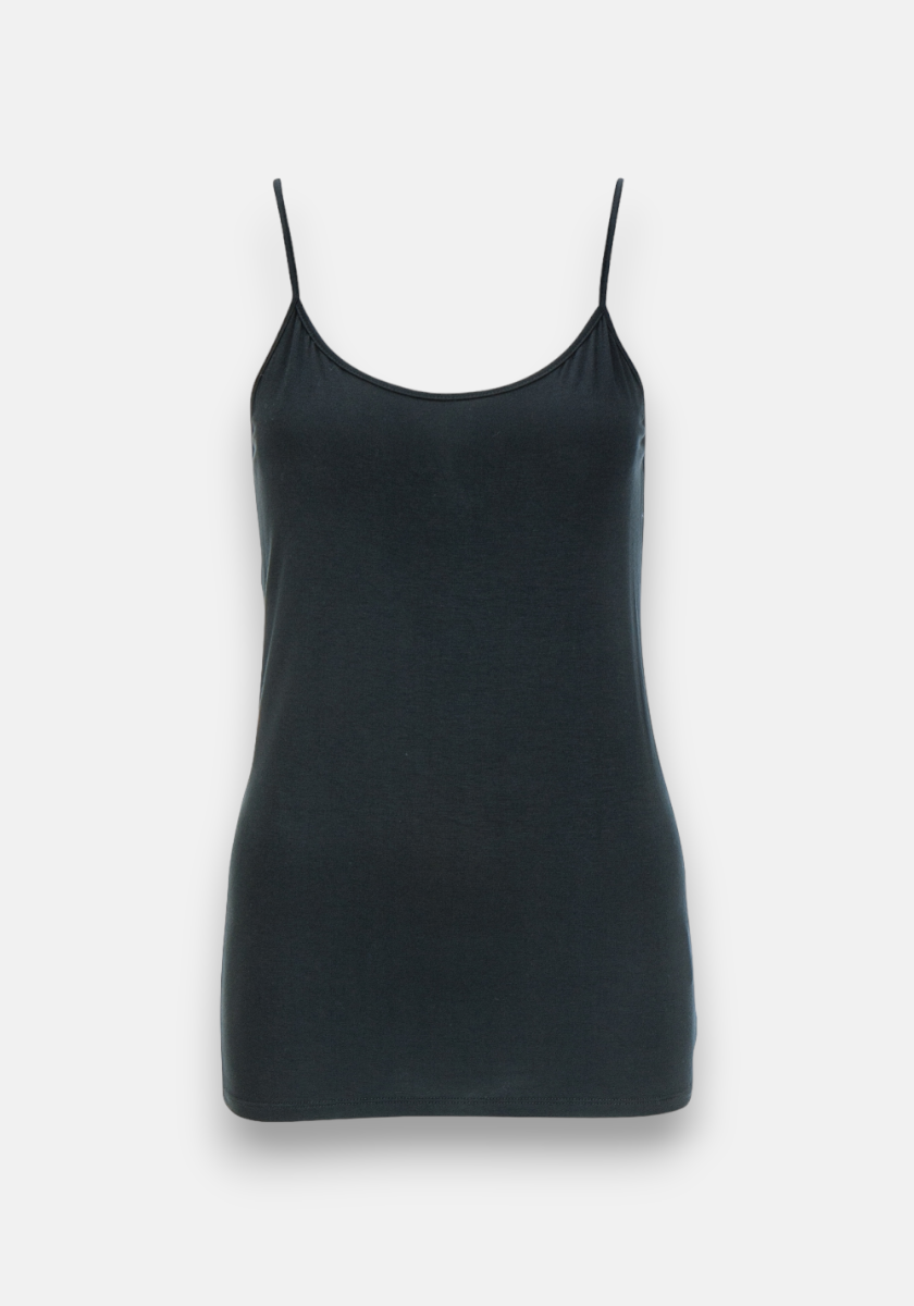 A plain black Viskose Top by Princess Goes Hollywood with a fitted cut and adjustable spaghetti straps is displayed against a white background. The camisole features a scoop neckline without patterns, embellishments, or visible branding.
