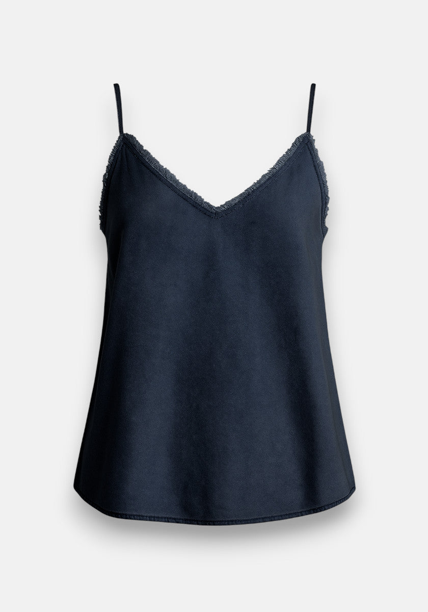 Bella Dahl black camisole top with thin spaghetti straps and a lace-trimmed V-neckline. Crafted from smooth, slightly shiny Lyocell fabric, it offers a relaxed fit. The product is shown against a plain light gray background.