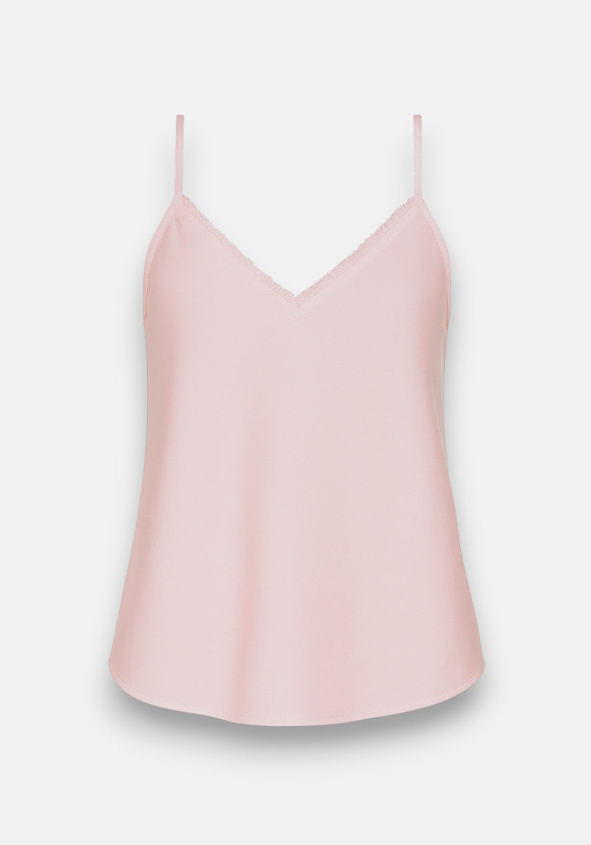 A light pink Bella Dahl Lyocell tank top with thin spaghetti straps, a V-shaped neckline detailed with subtle lace trim, and a relaxed fit. The smooth fabric highlights its soft color against the plain white background.